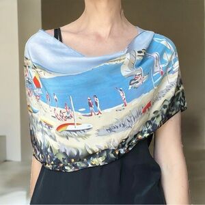 Silk Scenic Beach Print Oblong Scarf Headscarf